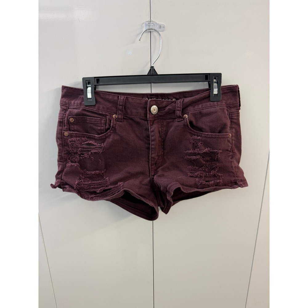 American Eagle Shortie Distressed Denim Shorts Burgundy Size 10 Low Rise Cut Off